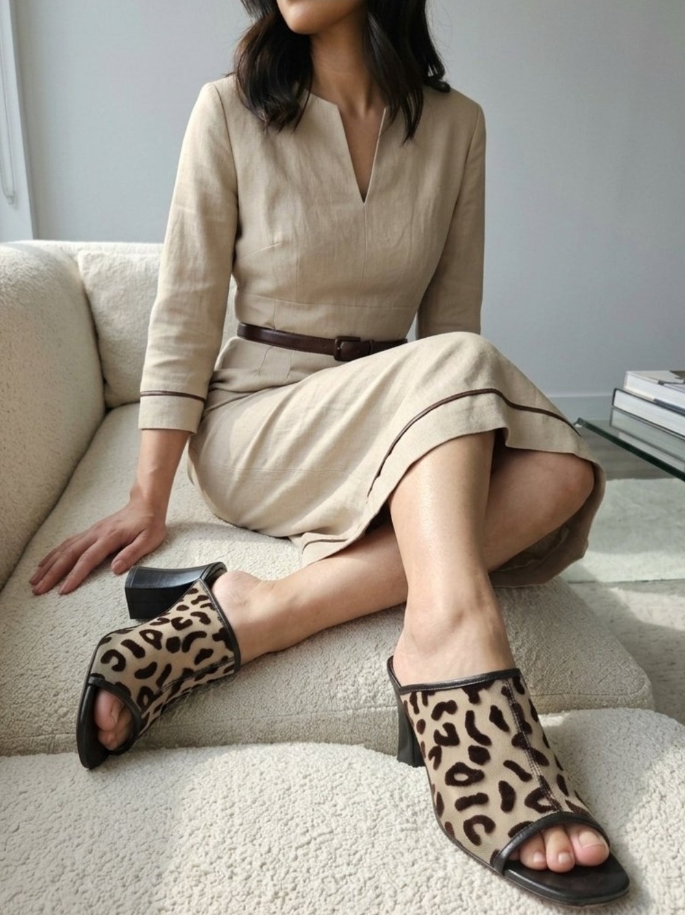 Enzo Angiolini Leopard Print Open-Toe Mule Heels in Brown and Beige